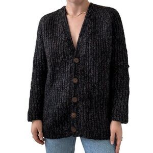 Vintage Womens Hand Knit Black Brown Marled 100% Wool Ribbed Chunky Cardigan